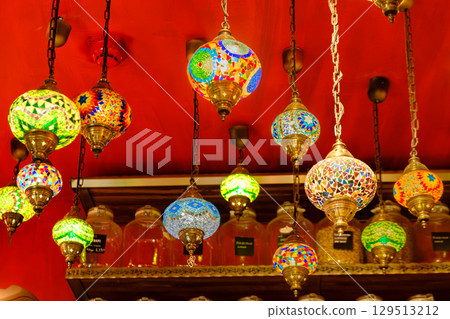 Ornate Stained-Glass Mosaic Lamps in a Thessaloniki Shop 129513212