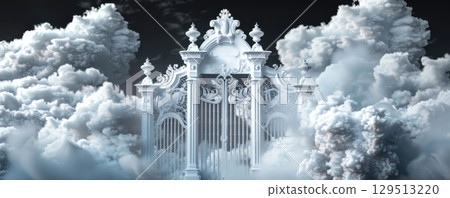 Majestic white gates rise from the mist, leading toward heaven with clouds swirling in a blackened void. 129513220