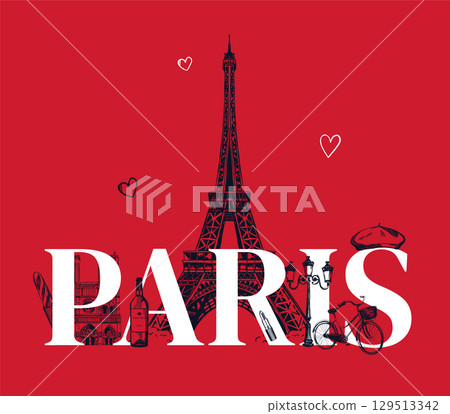 Hand drawn Paris Red Background 129513342