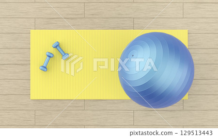 Two small dumbbells, rubber fitness mat and an exercise ball 129513443
