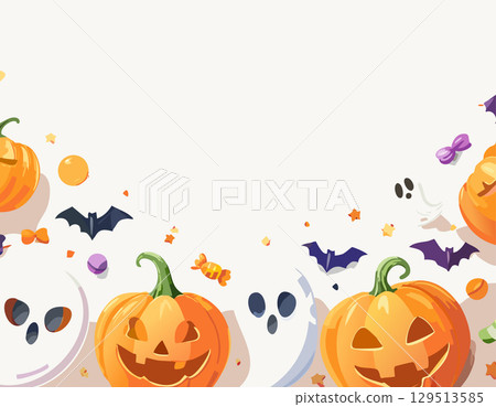 Cute Halloween illustration with three smiling jack o lantern pumpkins surrounded by colorful autumn leaves on a white background Cute Halloween illustration with three smiling jack o lantern pumpkins surrounded by colorful autumn leaves on a white background 129513585