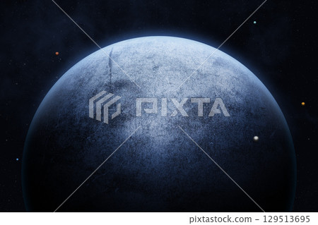 Icy alien planet with five moons in space. 129513695