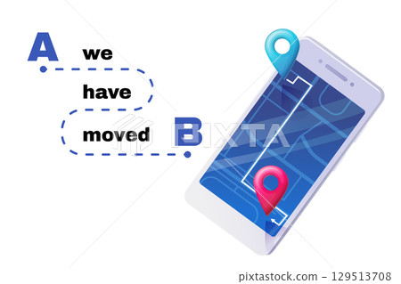 A vector illustration of a We have moved sign, featuring bold letters A and B connected by a dashed path, symbolizing transition. Ideal for relocation announcements, business updates, and navigation A vector illustration of a We have moved sign, featuring bold letters A and B connected by a dashed path, symbolizing transition. Ideal for relocation announcements, business updates, and navigation 129513708