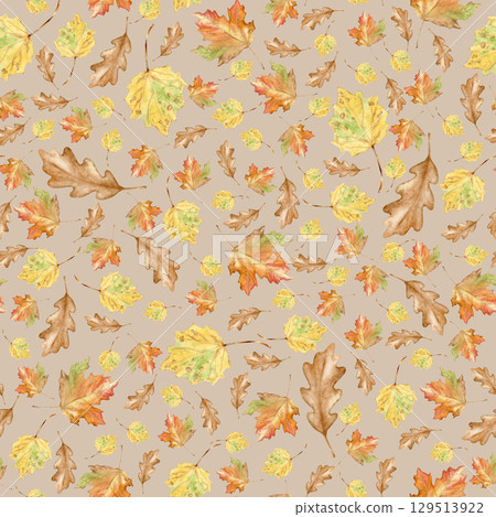 Watercolor autumn leaves seamless pattern.Hand painted plant illustration.Autumn botanical background 129513922