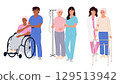 Breast cancer awareness month. Medical workers accompany patients with warmth and attention, helping them move around in a wheelchair, holding an IV, or supporting them while walking with a walker. 129513942