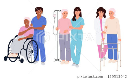 Breast cancer awareness month. Medical workers accompany patients with warmth and attention, helping them move around in a wheelchair, holding an IV, or supporting them while walking with a walker. 129513942