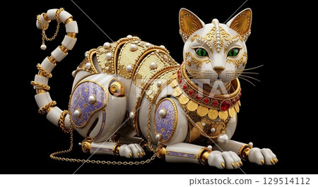Futuristic Robotic Cat Adorned with Elegant Gold Jewelry 129514112