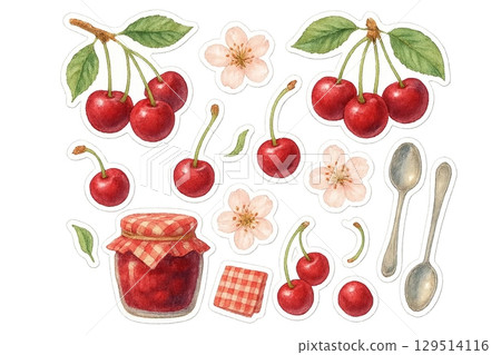 Realistic Watercolor Cherry-Themed Sticker Sheet with 10 Decorative Elements 129514116