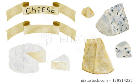 Cheese setwatercolor illustration. Hand drawn different kind of cheese, brie, dor blue, parmesan. Food clip art. Ideal for recipe book, signs and advertising posters of cheese shop 129514223
