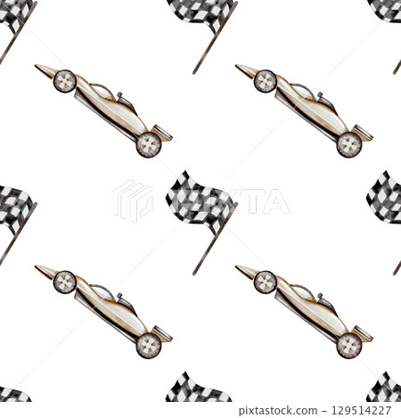 Race cars watercolor seamless pattern. Race car in pastel colors on a white background. Ideal for children's textiles, wallpapers and baby shower design for boys Race cars watercolor seamless pattern. Race car in pastel colors on a white background. Ideal for children's textiles, wallpapers and baby shower design for boys 129514227