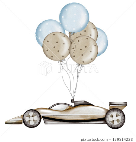 Race car watercolor illustration. Race car in pastel colors with balloons on a white background. Ideal for children's textiles, stickers and baby shower design for boys 129514228