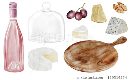 Watercolor clipart set with wine, grapes, cheese, walnut. Ideal for menu design, wine tasting invitations, packaging, branding, restaurant or picnic-themed projects. 129514254