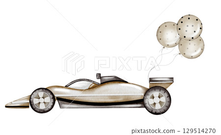 Race car watercolor illustration. Race car in pastel colors with balloons on a white background. Ideal for children's textiles, stickers and baby shower design for boys Race car watercolor illustration. Race car in pastel colors with balloons on a white background. Ideal for children's textiles, stickers and baby shower design for boys 129514270