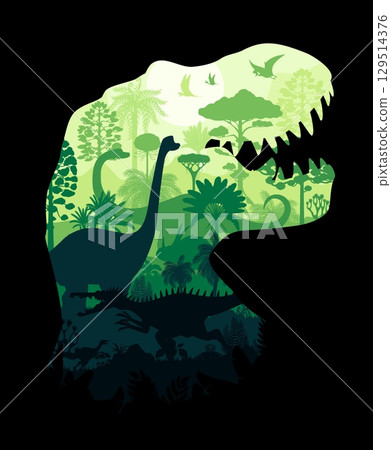 T rex tyrannosaur silhouette. Vector prehistoric landscape forming the shape of roaring trex dino head, featuring paleontology creatures, jungle trees and flying pterosaurs in layered green tones 129514376