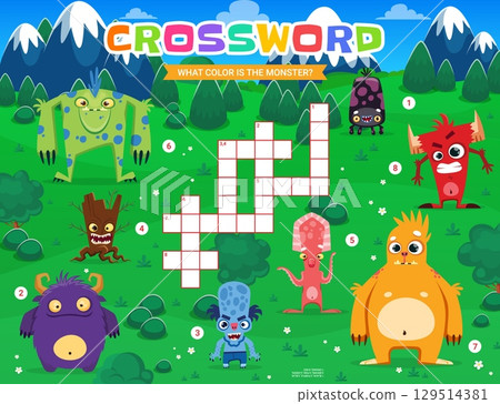 Crossword quiz grid with funny monster characters. Vector educational puzzle worksheet for kids, what color is the monster quiz with eerie creatures on nature landscape. Cross word riddle activity 129514381
