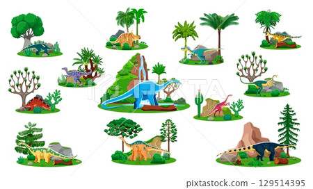 Cartoon dinosaur reptile characters with prehistoric jungle trees and mountain waterfall. Vector personages of jurassic cute melanorosaurus, neovenator, wuerhosaurus and anchisaurus dinosaurs 129514395