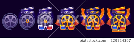 Movie theater or video rating rank badge, game level progress stage. Cartoon vector cinema icons with film reels, clapperboards and 3d glasses showing game level progression from basic to premium 129514397