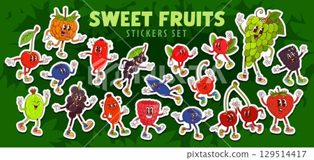Groovy berry characters stickers pack. Cartoon funky fruit personages with retro y2k vibe. Vector cherry, strawberry, grapes, raspberry and blueberry. Blackcurrant, redcurrant, gooseberry or mulberry 129514417