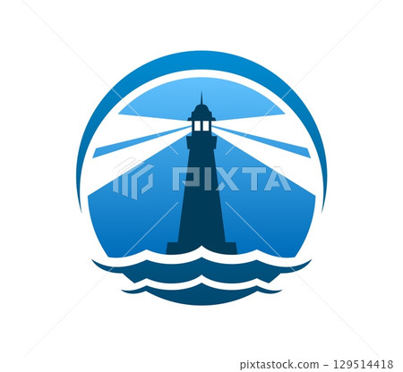 Lighthouse and beacon icon with light beam radiating across a circular blue background and sea waves at the base, symbolizing guidance, safety and maritime navigation. Vector round seafaring emblem 129514418