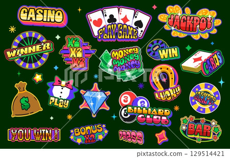 Gambling game retro y2k stickers, casino patch labels of vector roulette wheel, chips and money gold coins. Groovy lucky horseshoe, diamond, casino poker play card and billiards ball y2k stickers set 129514421