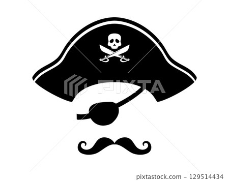 Pirate photo booth mask with corsair captain hat. Birthday party photobooth props with vector silhouette of pirate costume hat, eye patch and mustache, skull and swords. Halloween photo booth mask Pirate photo booth mask with corsair captain hat. Birthday party photobooth props with vector silhouette of pirate costume hat, eye patch and mustache, skull and swords. Halloween photo booth mask 129514434
