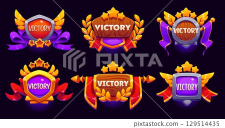 Victory award game icons, UI badges asset of vector winner prizes and trophies. Victory shield badges or champion award icons with cartoon gold stars, wings and laurel wreath. Game winner trophies set Victory award game icons, UI badges asset of vector winner prizes and trophies. Victory shield badges or champion award icons with cartoon gold stars, wings and laurel wreath. Game winner trophies set 129514435