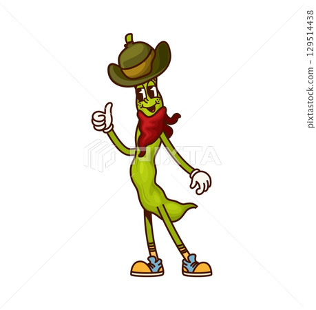 Cartoon groovy soybean vegetable cowboy character. Farm legume or veggie Wild West sheriff groovy vector cheerful mascot, Western cowboy funny character. Soy, bean or pea pod bandit retro personage 129514438