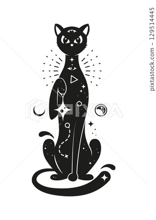 Black cat with magic mystic ornament for esoteric witch animal, vector Boho art icon. Black cat with astrology celestial symbols, occult and witchcraft signs for mystery or alchemy and esoteric animal Black cat with magic mystic ornament for esoteric witch animal, vector Boho art icon. Black cat with astrology celestial symbols, occult and witchcraft signs for mystery or alchemy and esoteric animal 129514445