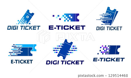 Digital e tickets icons, online coupons and mobile vouchers vector symbols with blue pixel distortion pattern. Movie or cinema theater pass, plane, bus or train detachable digital electronic e tickets 129514468