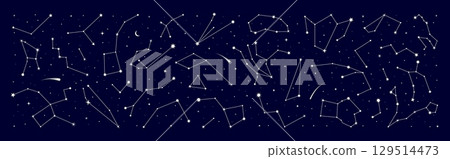 Star constellation border with night sky map in background, vector zodiac signs. Stars constellation border with galaxy starry sky for mystic astrology, esoteric magic and horoscope or space astronomy 129514473