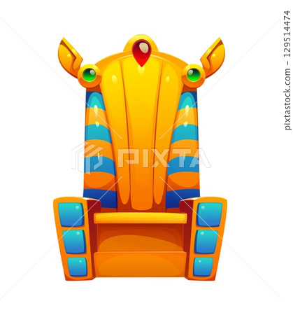 Cartoon majestic throne Egypt game icon asset, ancient Egyptian treasure. Vector luxurious royal seat adorned with gold blue stripes and gemstones, embodying regal power and mythology for fantasy game 129514474