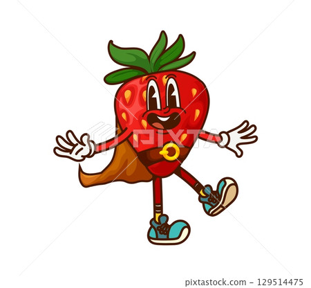 Groovy strawberry berry pirate and corsair character wears a flowing cape, retro sneakers, and waves confidently, symbolizing swashbuckler strength, positivity with a playful and dynamic y2k sea vibe 129514475