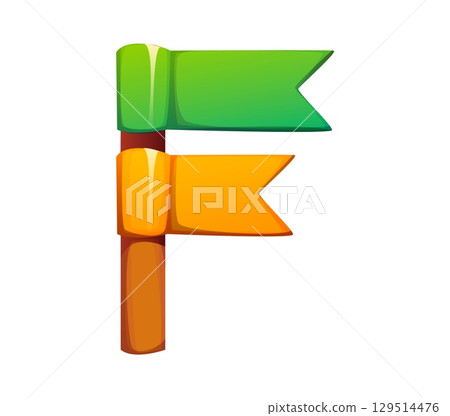 Cartoon letter F circus font as green and yellow flags on wooden pole. Vector abc typography character, retro carnival typeface, entertainment type, kids English alphabet. Amusement park script Cartoon letter F circus font as green and yellow flags on wooden pole. Vector abc typography character, retro carnival typeface, entertainment type, kids English alphabet. Amusement park script 129514476