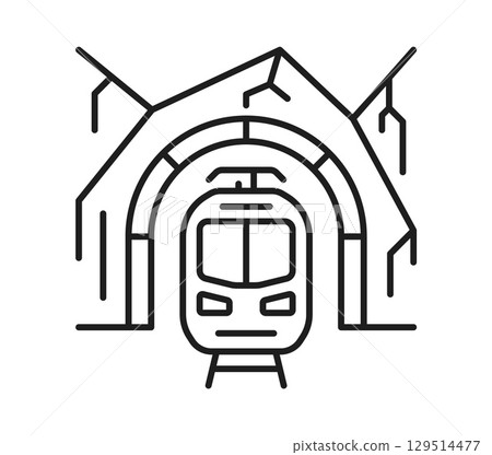 Railroad railway icon of train, subway or metro tunnel, vector line pictogram. Railroad and railway symbol of tunnel road for metro underground, tram or intercity train and railcar transport travel 129514477