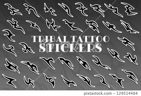 Tribal y2k gothic tattoo stickers. Vector spike and fire flame neo gothic pattern tattoos set at grunge monochrome background. Maori and celtic traditional tribal body art elements, streetwear prints Tribal y2k gothic tattoo stickers. Vector spike and fire flame neo gothic pattern tattoos set at grunge monochrome background. Maori and celtic traditional tribal body art elements, streetwear prints 129514484