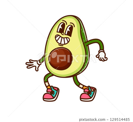 Cartoon groovy avocado half cheerful character. Healthy nutrition and diet food product, tropical fruit isolated vector character. Ripe and fresh avocado half cheerful groovy mascot or happy personage 129514485