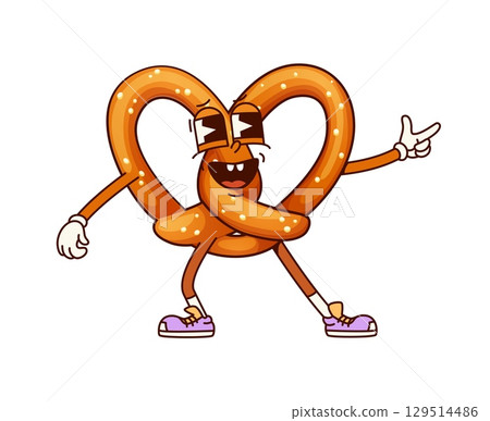Fast food groovy pretzel character. Oktoberfest beer festival salty snack happy groovy mascot or Germany cuisine bakery pretzel cute 60s funky isolated vector personage or cheerful character sticker 129514486