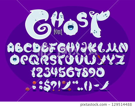 Halloween ghosts font, spooky scary monster typeface, cartoon evil type, funny holiday English alphabet. Vector playful letters, numbers and signs in shape of funny spooks capturing festive eerie mood 129514488