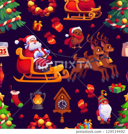 Cartoon Christmas holiday characters seamless pattern. Xmas vector background of Santa and elf cartoon characters with Christmas tree, gift bag and present, Xmas deers, wreath and calendar pattern Cartoon Christmas holiday characters seamless pattern. Xmas vector background of Santa and elf cartoon characters with Christmas tree, gift bag and present, Xmas deers, wreath and calendar pattern 129514492