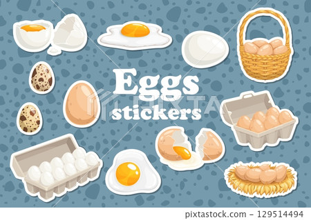 Stickers of cartoon eggs basket and tray, nest and box. Vector set of different eggs patches. Whole, broken, eggs, quail and carton pack. Farm protein food product for breakfast, culinary ingredient 129514494