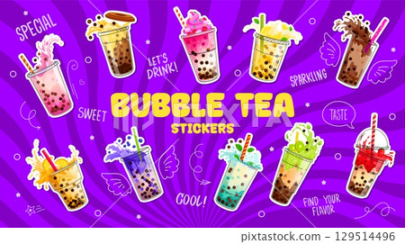 Milk bubble tea stickers pack featuring colorful cups, fruit toppings, dynamic splash effects on bold purple background with fun sketchy wings, stars, and text. Playful, sweet, and refreshing drinks 129514496