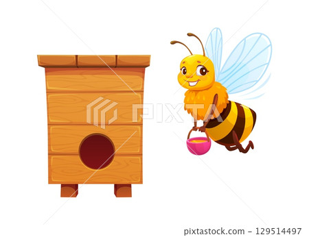 Cartoon honey bee character returning to wooden hive with full honey bucket. Vector cheerful yellow insect flying near beehive with smiling face evokes teamwork, pollination and apiary life 129514497