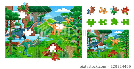 Jigsaw puzzle game pieces, cartoon prehistoric dinosaurs landscape. Part connecting playing activity, figure match game or jigsaw puzzle riddle vector worksheet with dinosaurs characters in jungle 129514499