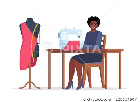 African female dressmaker or seamstress working on sewing machine. Smiling woman sewing sitting on table. Fashion designer at workplace. Woman using sewing machine. Tailor with a mannequin. Vector. 129514607