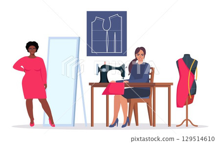 Female dressmaker or seamstress working on sewing machine. Seamstress client tries on a dress in front of a mirror in an atelier. Fashion designer at workplace. Tailor with a mannequin. Vector. 129514610