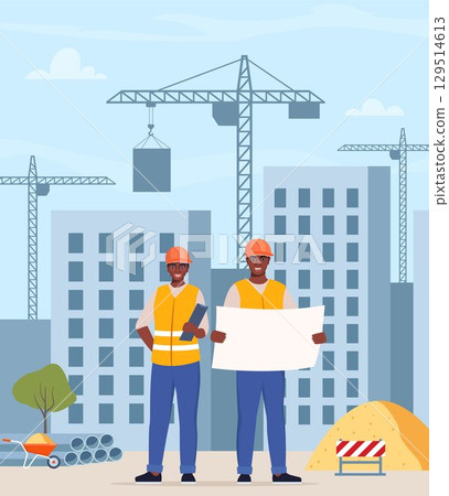 Construction workers, industrial technician builders over city construction site. Tower cranes building residential buildings. Black Man and woman engineer in uniform and protective helmet. Vector. 129514613