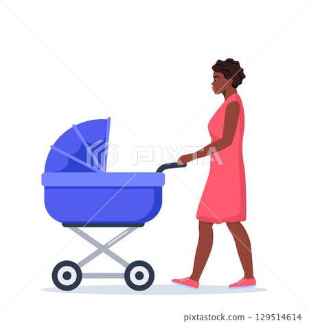 Mom wheeling stroller. African American Woman walking with baby carriage. Outdoor activity. Vector flat illustration. 129514614