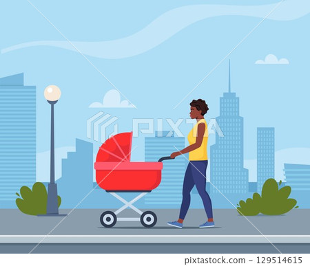 Young mother walking with a newborn that is in the pram. African American Woman with baby stroller walks through the city. Colorful vector illustration in flat style. 129514615