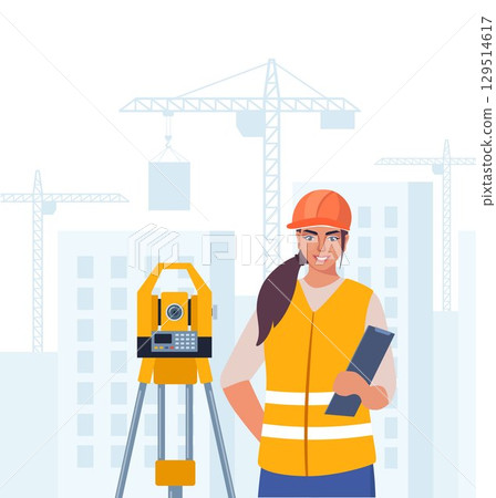 Surveyor Or Engineer Wearing Hard Hat and Safety Vest, Work with Surveying Tripod And Theodolite Equipment. Character Surveying Land, Construction Layout And Mapping Projects. Vector Illustration Surveyor Or Engineer Wearing Hard Hat and Safety Vest, Work with Surveying Tripod And Theodolite Equipment. Character Surveying Land, Construction Layout And Mapping Projects. Vector Illustration 129514617