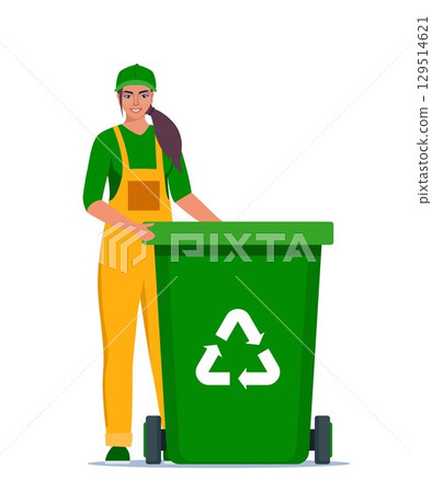 Garbage woman in uniform with trash bin and recycling symbol on it. Garbage sorting. Zero waste, environment protection concept. Vector illustration. 129514621
